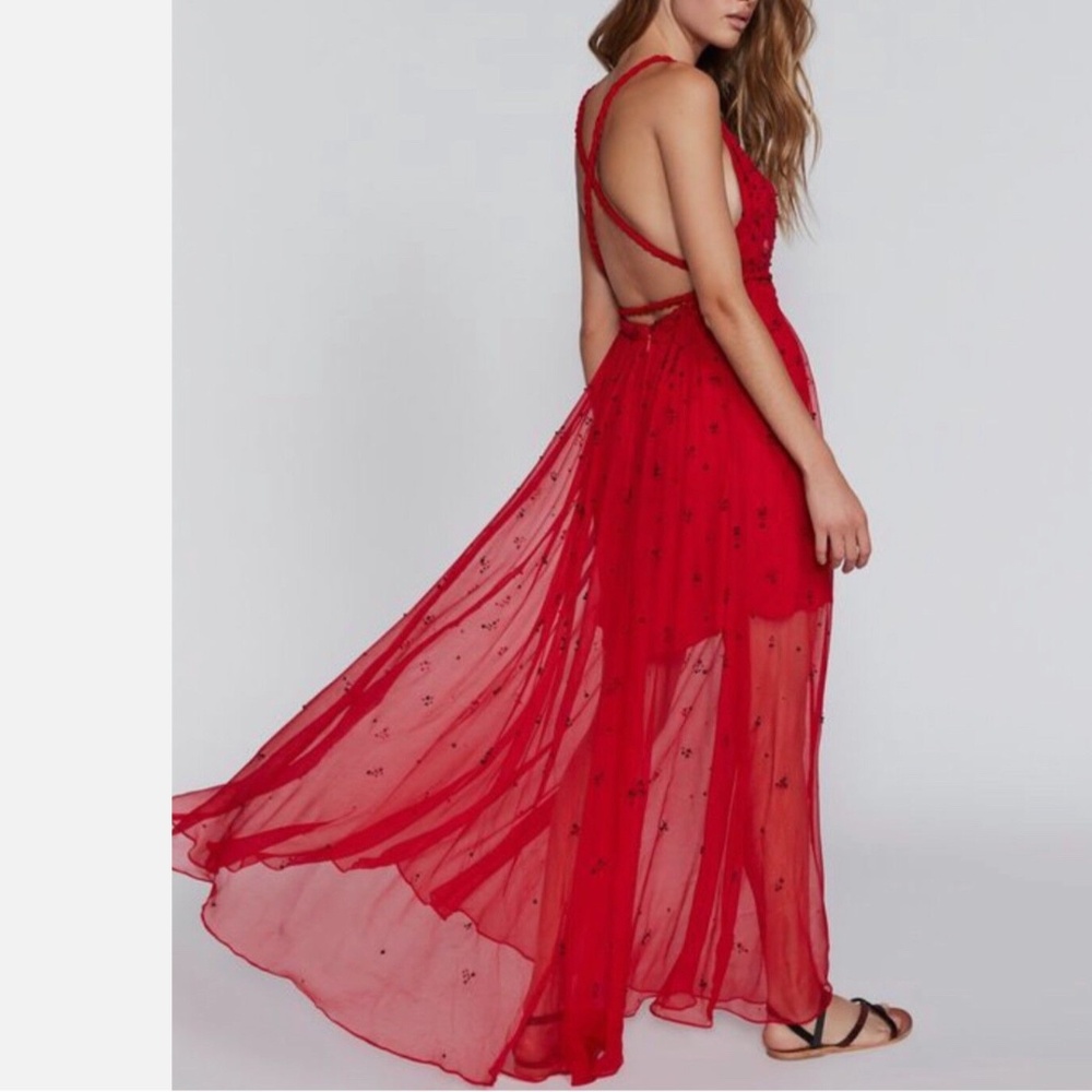 Free People Sienna Red Chiffon Silky Beaded Maxi Evening Dress NWOT size 8